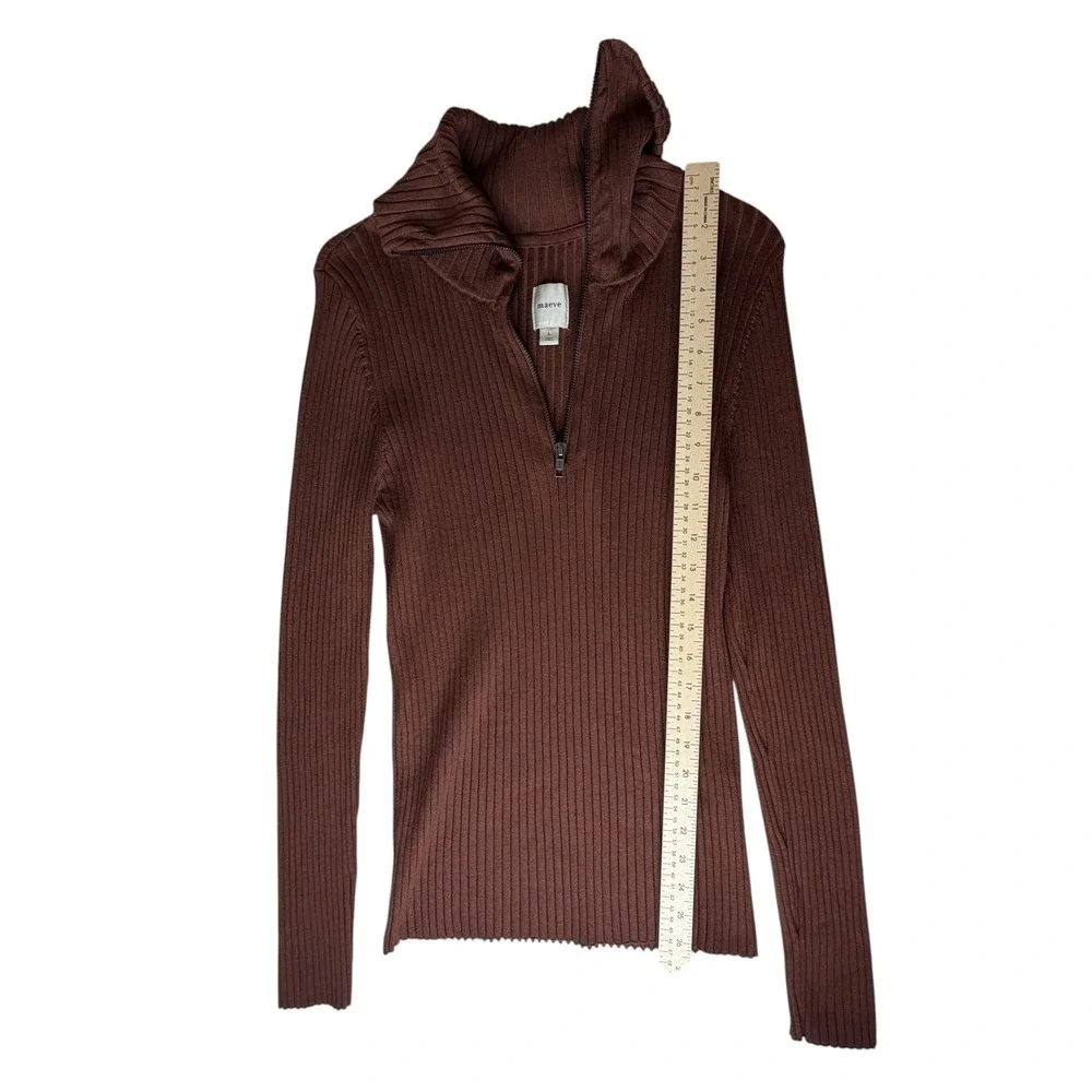 Maeve Anthropologie Brown Ribbed Fitted Half Zip Sweater Large Minimalist Layers